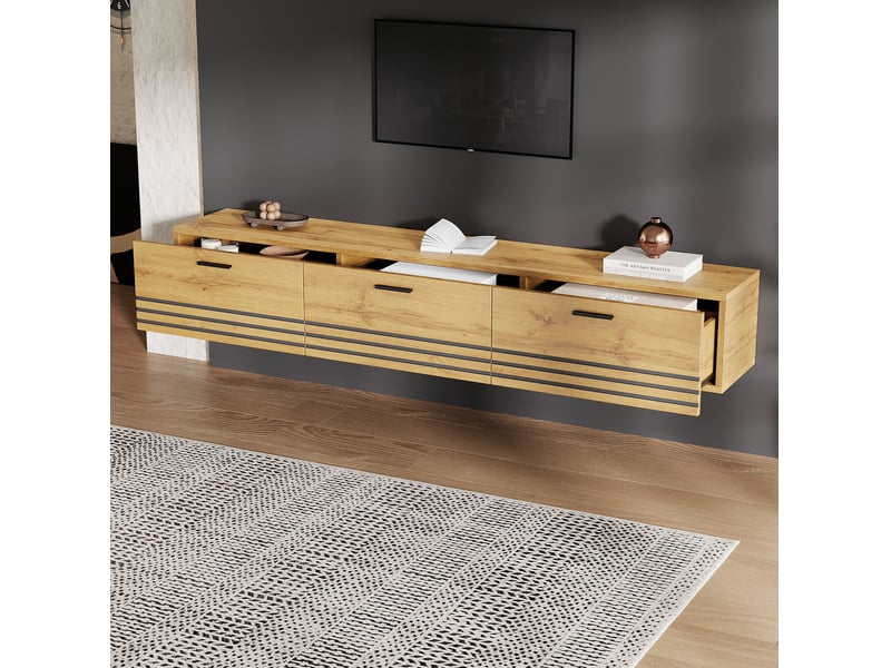  Meuble tv mural 160x30x25,5 cm avec 3 tiroirs, effet bois naturel  - Conforama D