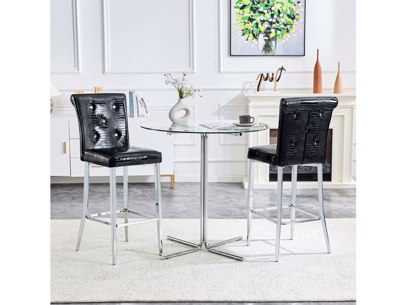  Tabouret de bar lot de 2 à dossier haut avec repose-pieds et boutons cristal, effet crocodile en pvc noir et métal chromé  - Conforama E