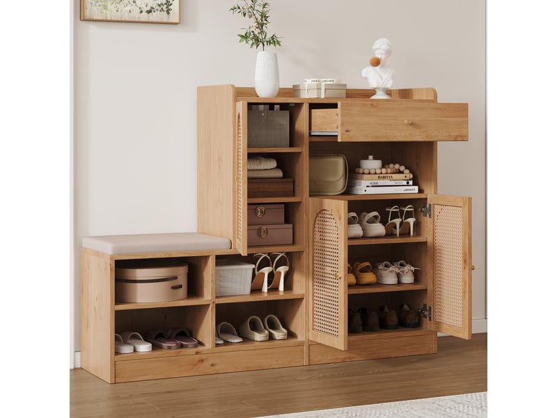  Meuble à chaussures 142x35x110 cm avec banc assis et 3 portes en rotan tressé naturel, rangement avec tiroir intégré  - Conforama B
