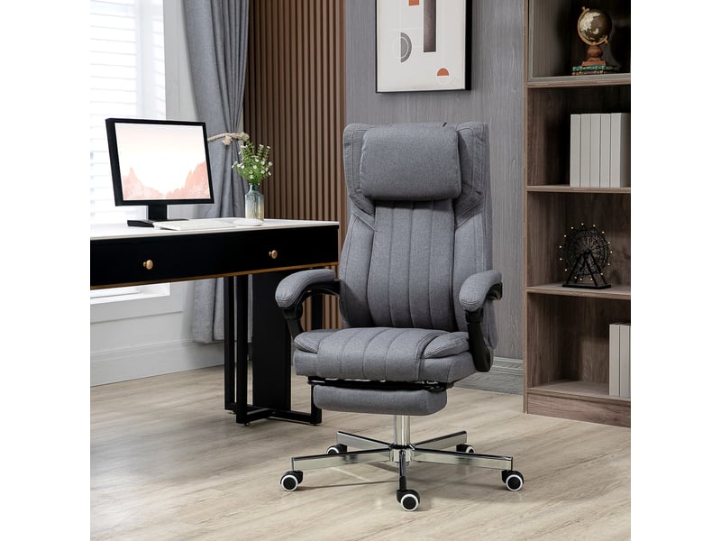  Fauteuil de bureau avec fonction massage, dossier inclinable, repose-pieds extensible, aspect lin, gris, 65 x 61 x 118 cm  - Conforama D