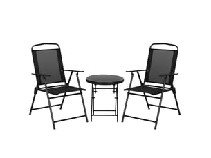 Ensemble de jardin 3 pièces comprenant 2 chaises (53,5 x 64 x 93 cm) et une table basse (ø 45 x 50 cm), en métal noir.