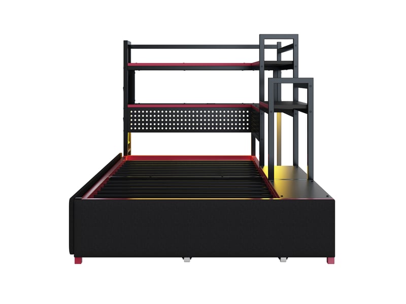  Lit simple 90x200 cm en métal avec 3 tiroirs, étagères, led et usb, noir  - Conforama A