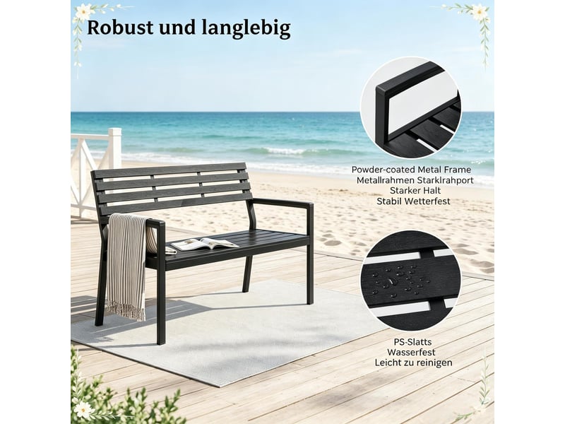  Banc de jardin 115x55x85cm avec dossier et accoudoirs, structure métal noir et lattes aspect bois  - Conforama E