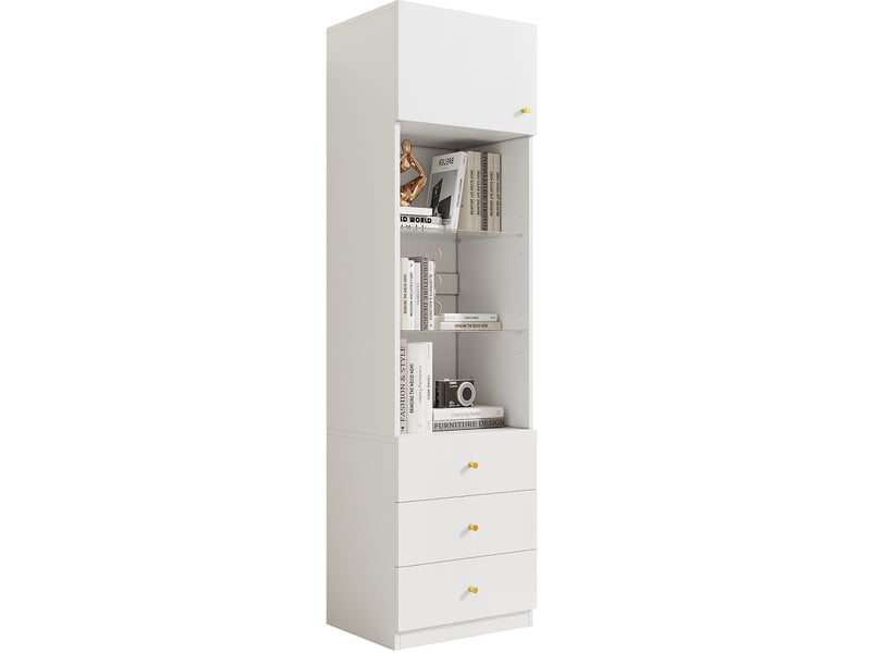 Bibliothèque murale blanche 50x40x180 cm - meuble rangement avec vitrine ouverte et tiroirs réglables hauteur - Conforama A