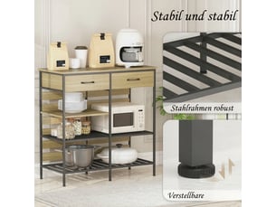 Buffet de cuisine industriel, meuble de rangement 2 tiroirs et étagères, cadre en acier robuste, 90x40x91 cm, bois naturel et noir