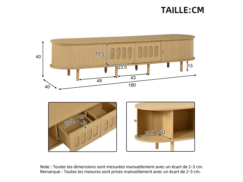  Meuble tv 180 cm rotin bois clair - portes coulissantes mdf - pour tv 75 pouces  - Conforama C