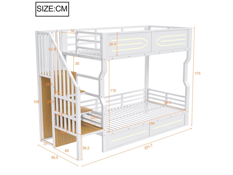  Lit en métal 90 × 200 cm avec rangement intégré, petite marche style armoire, éclairage led, barrières de sécurité hautes, lit superposé pour jeunes, coloris blanc ORFRLDB00544AAK - Conforama E