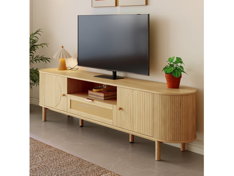  Meuble tv 175x36x51 cm avec passe-câbles, mdf et pieds en métal coloris naturel  - Conforama D