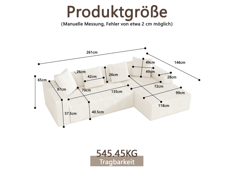 Canapé d'angle modulable 3 places en velours côtelé blanc avec méridienne, confort généreux pour le salon - Conforama C