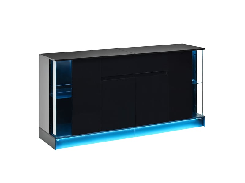  Buffet 150x40x75 cm, vitrines en verre et led réglables par application, panneau de particules noir  - Conforama A