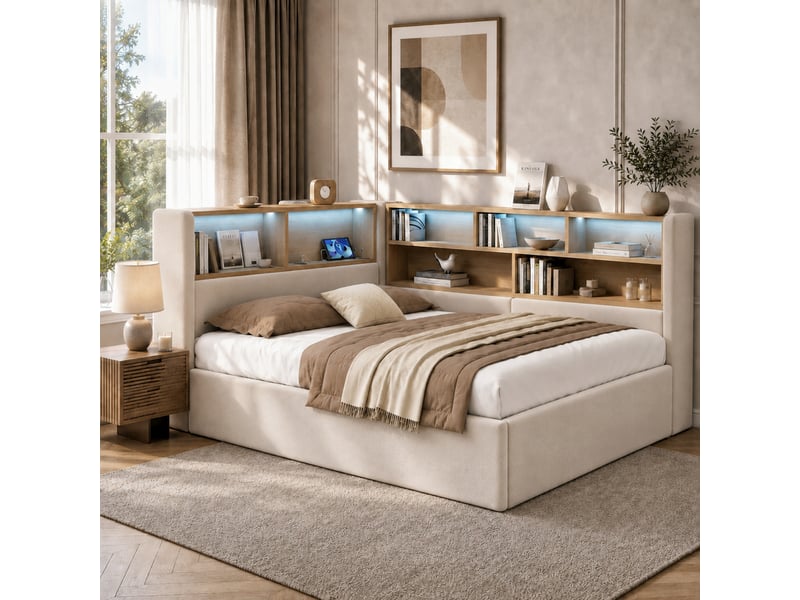  Lit de jour 140x200 cm avec rangement hydraulique, lit rembourré, canapé-lit avec led, port usb et dossier, velours beige  - Conforama B