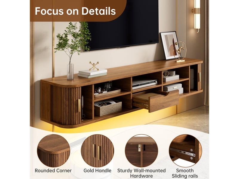  Meuble tv mural avec 2 portes coulissantes, tiroir, étagères réglables et led pour salon, mdf noyer, 175×30×30 cm  - Conforama E