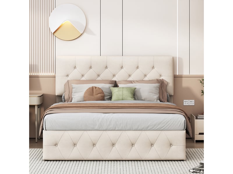  Lit coffre 160x200cm - lit double 160x200 - rembourré en velours avec tête de lit capitonnée et vérins - beige  - Conforama C