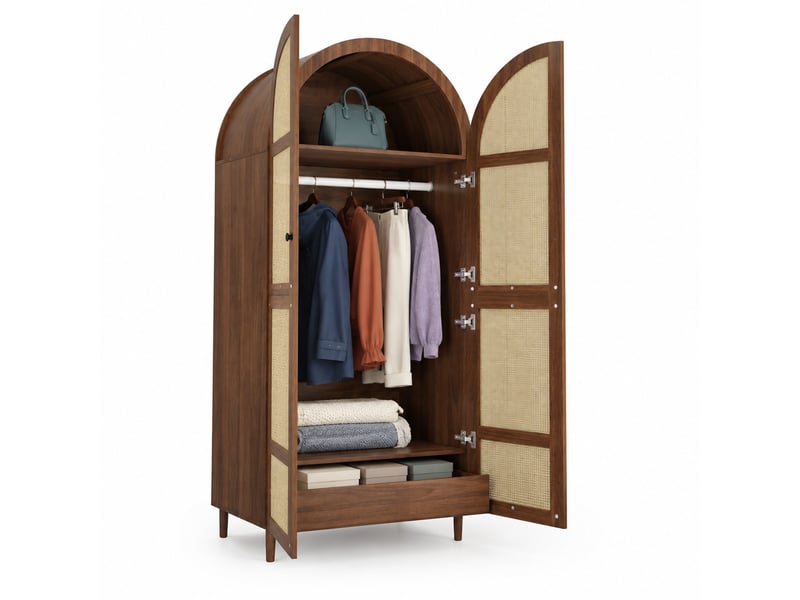  Armoire de rangement à portes cintrées avec penderie et tiroirs - lpospi - façades en rotin mdf et panneaux de particules noyer  - Conforama A