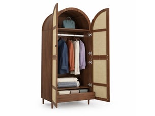 Armoire de rangement à portes cintrées avec penderie et tiroirs - façades en rotin mdf et panneaux de particules noyer