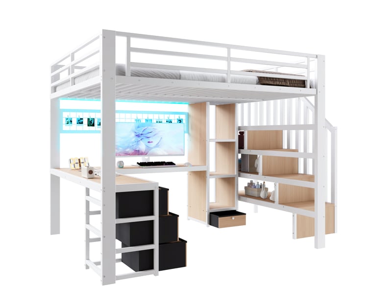 Lit mezzanine enfant 140x200cm, tiroirs, bureau, éclairage led pilotable par application, rangement, coloris blanc, métal, sans matelas - Conforama A