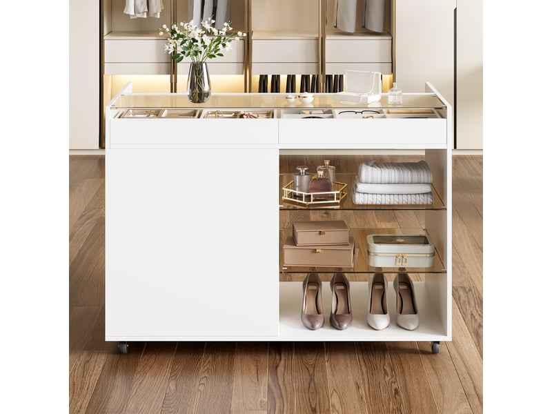  Coiffeuse avec 5 tiroirs et roulettes - pour chambre - en panneaux et verre trempé - 110×60×79 cm - blanc  - Conforama E