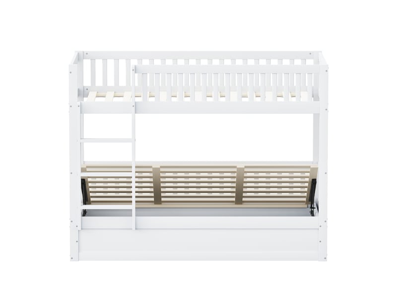  Lit superposé enfant 90 x 200 cm en bois massif, système de rangement hydraulique, blanc, lit simple de rangement avec escalier  - Conforama E
