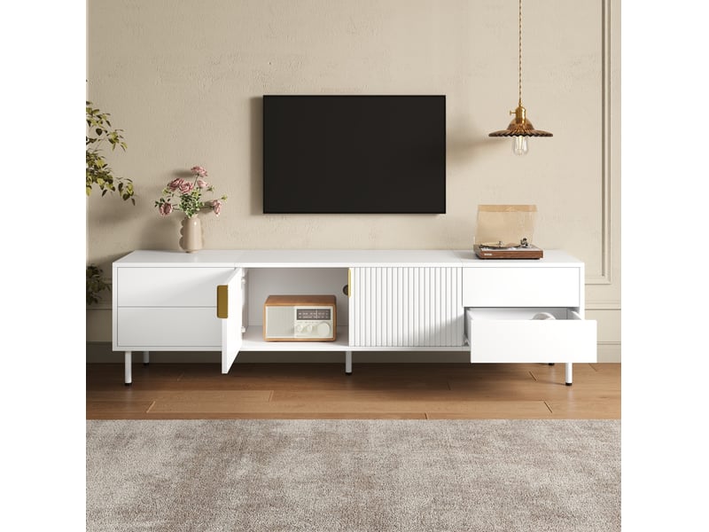  Meuble tv blanc en mdf et panneaux de particules, 4 tiroirs et 2 portes, 180 x 40 x 49,5 cm  - Conforama D