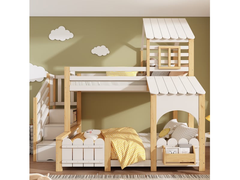  Lit superposé enfant 90140x200 cm cabane blanc et bois naturel  - Conforama D