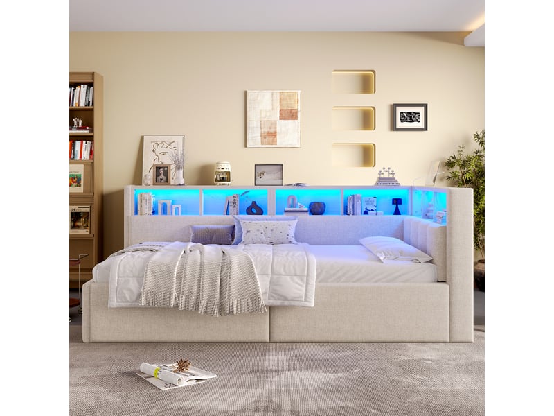  Lit de jour 90x200 cm en lin beige avec rangement hydraulique et ports usbtype-c  - Conforama B