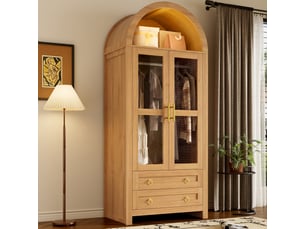 Armoire penderie 76x50x185 cm - 2 portes vitrées - 2 tiroirs - niche - led réglables - design arqué - mdf - chêne