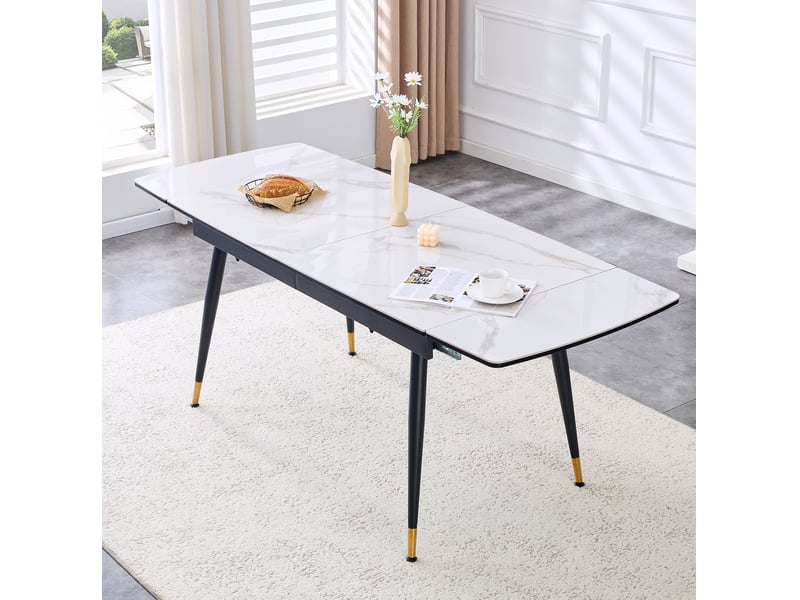 Table repas extensible, table à manger moderne, 140-200 cm, plateau blanc effet marbre, métal noir, détails dorés - Conforama B