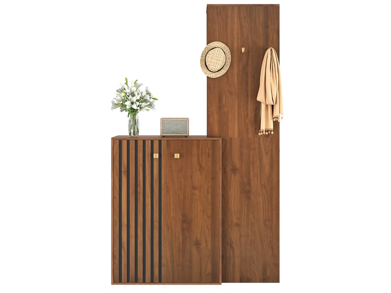  Armoire d’entrée compacte 115x38,5x191,5 cm, rangement chaussures et penderie, meuble d’entrée, confortable, mdf, noyer  - Conforama A