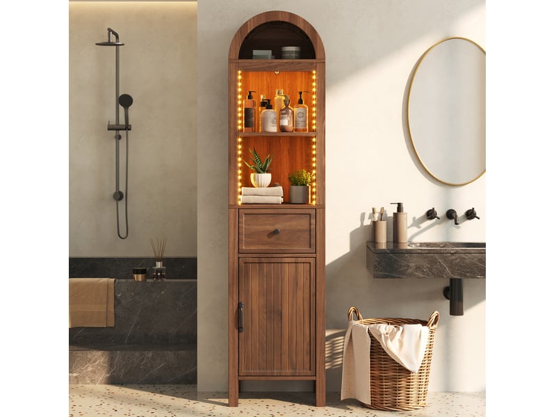  Armoire haute de salle de bain avec led, porte réversible, tiroir et rangements ouverts en mdf noyer 40 × 30 × 163 cm  - Conforama C