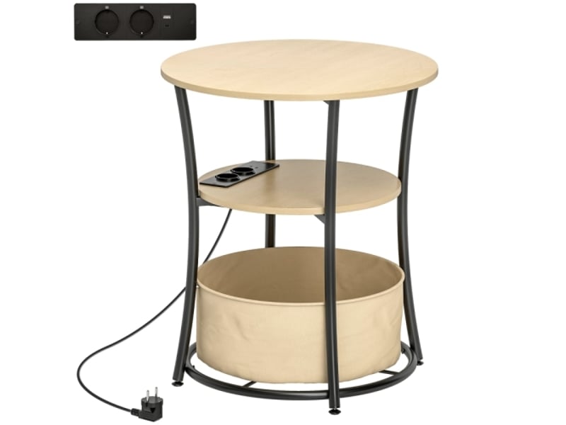 Table d’appoint 3 niveaux en bois naturel avec station de charge, rangement en tissu, 50x50x55,1 cm - Conforama A
