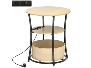 Table d’appoint 3 niveaux en bois naturel avec station de charge, rangement en tissu, 50x50x55,1 cm