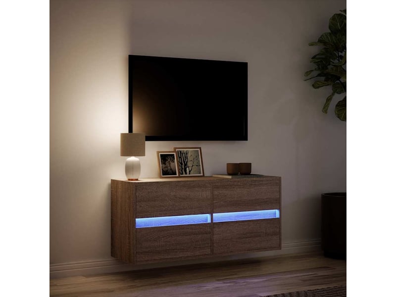 Meuble tv - banc tv - meuble de rangement mural avec lumières led chêne marron 100x31x45 cm  - Conforama E