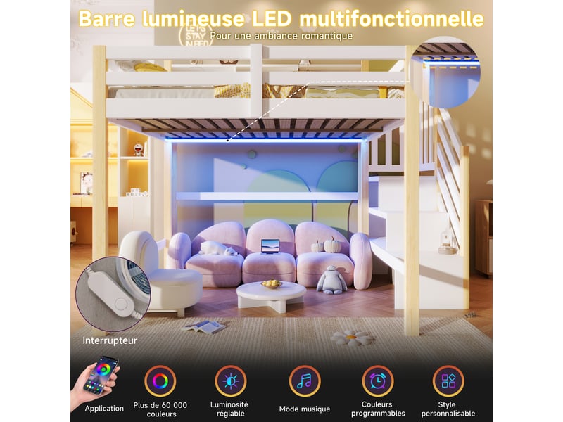  Lit mezzanine blanc et naturel 140x200 cm, led, espace inférieur et escalier-rangement  - Conforama B