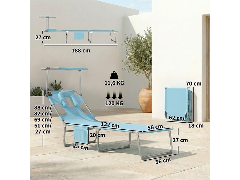  Ensemble de 2 chaises longues pliantes et inclinables avec auvent à 360°, ouverture pour le visage, poche latérale et tissu textilène 550 gm², bleu  - Conforama D
