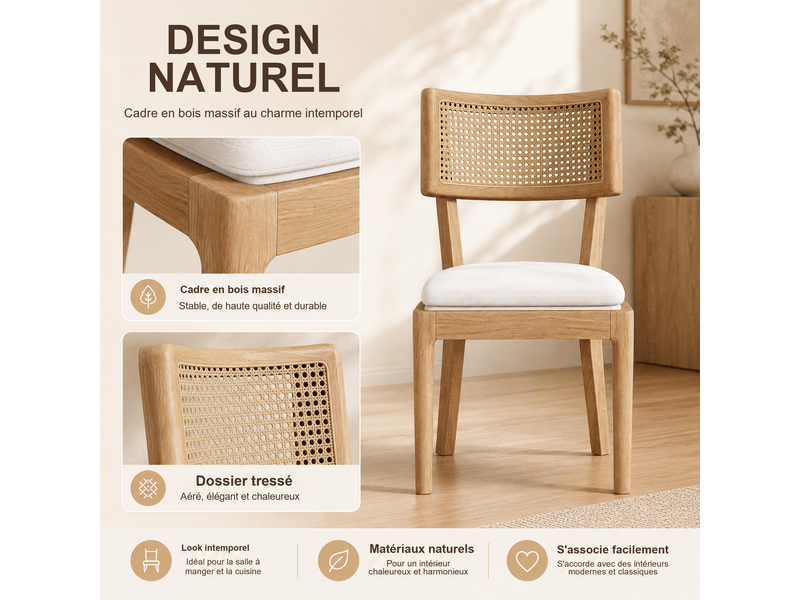 Lot de 4 chaises de salle à manger en bois massif, dossier en rotin et assise en lin, bois clair, 50 x 58 x 88 cm - Conforama D