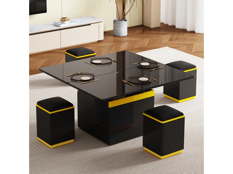 Table basse relevable avec 1 tiroir, niches ouvertes et 4 tabourets de rangement, en mdf, 100 × 50 × 43 cm, noir - uvrion  - Conforama C