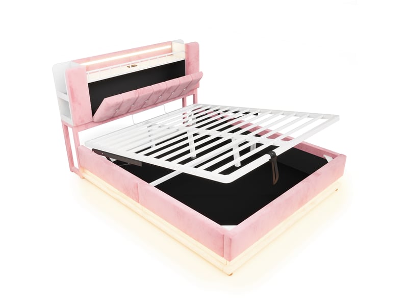 Lit coffre 160 x 200 cm avec rangement hydraulique, led et usb, lit double rembourré en velours rose avec rangement intégré dans la tête de lit - Conforama E