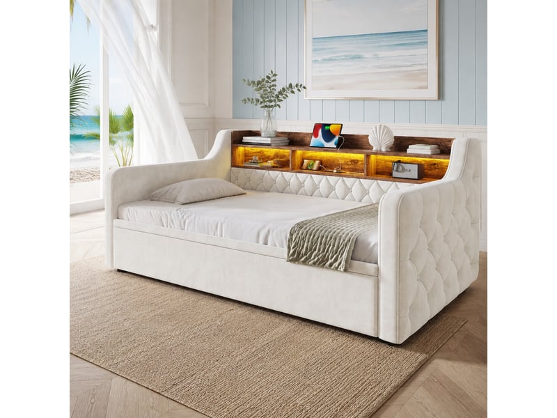  Canapé convertible avec lit gigogne, tête de lit de rangement, led et ports usb, en velours beige, 90 × 190 cm  - Conforama B