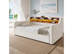 Canapé droit convertible <strong>MIVRAY </strong> <strong></strong> 1 place Velours beige avec coffre de rangement