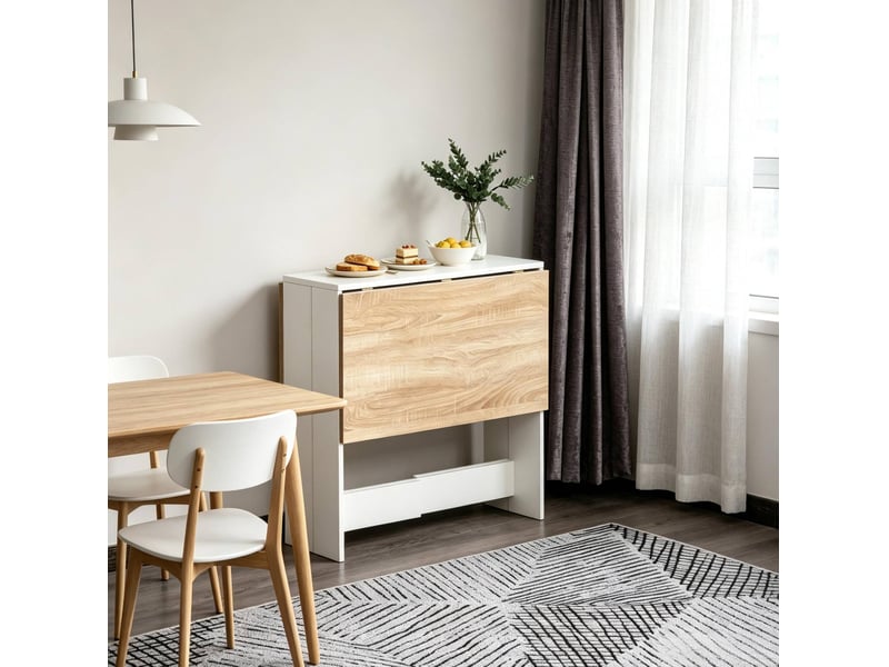  Table à manger pliable bicolore blanc et chêne clair, plateau rabattable des deux côtés  - Conforama E