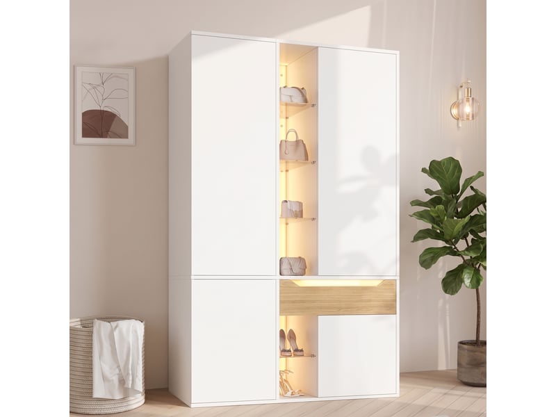 Armoire de chambre - armoire avec éclairage led et vitrine en verre, blanche, 122 × 50 × 200 cm, 122 x 50 x 200 cm  - Conforama C
