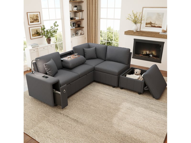  Canapé d'angle convertible 5 places 213x184x88 cm modulable bois métal gris  - Conforama C
