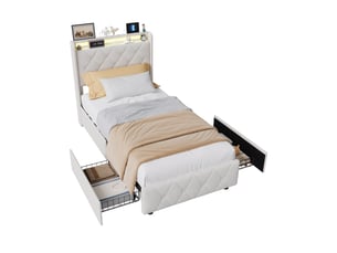 Lit 2 places 90x200 cm - avec éclairage led - tête de lit avec étagère - similicuir pu beige - sommier à lattes inclus