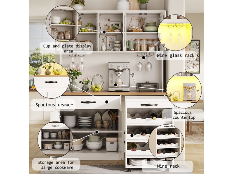Buffet de cuisine 140x38x180 cm – blanc – chariot amovible, led réglable et range-bouteilles 9 bouteilles - Conforama D