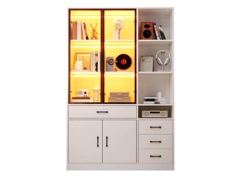  Bibliothèque vitrine blanche avec éclairage led, 13 rangements et 4 tiroirs, 120 x 35 x 200 cm pour salon et bureau  - Conforama A