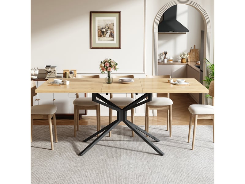 Table à manger extensible 120160 x 90 x 75 cm, 4 à 6 personnes, piètement étoile métal, plateau mdf, patins réglables, chêne clair Bliss Lite - Conforama D