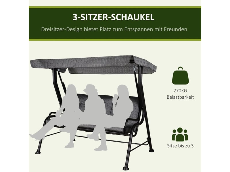 Banc de jardin 200 x 120 x 170 cm 3 places pare-soleil réglable textilène gris - Conforama D