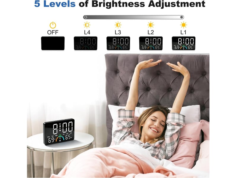 Réveil numérique led-horloge digitale de chevet avec 2 alarmes,contrôle sonore,port de charge usb,température et humidité-réveil luminosité réglable - Conforama C