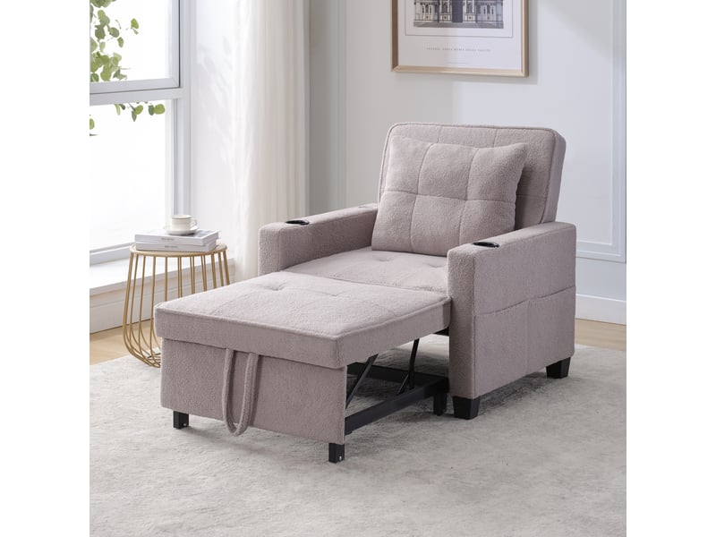  Fauteuil convertible 3-en-1 avec dossier réglable et port usb  - porte-gobelets, bois et métal - gris  - Conforama B