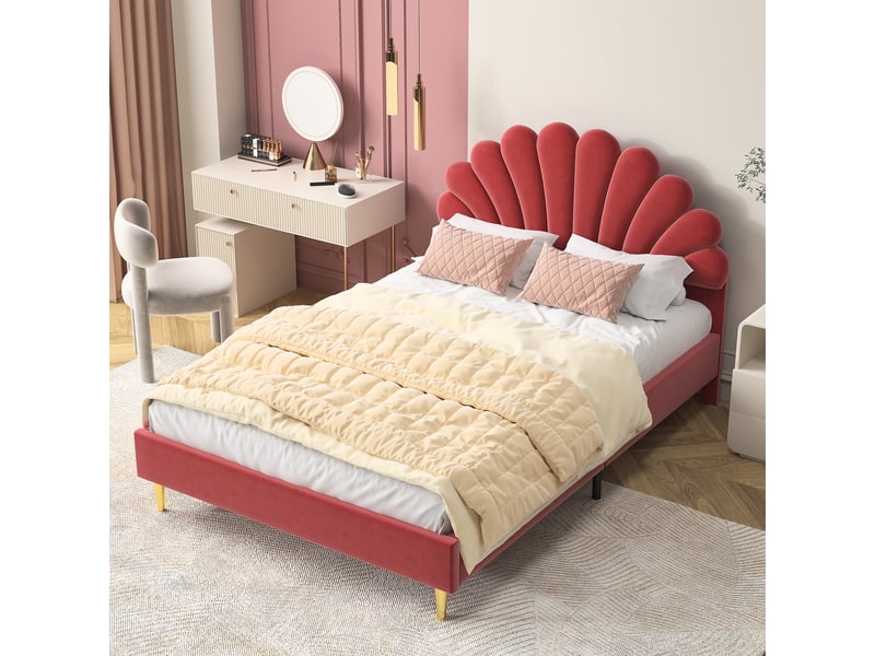  Lit double adulte 140x200 avec sommier, cadre de lit, tête de lit design pétales rembourrée, velours, pieds dorés, bordeaux  - Conforama B